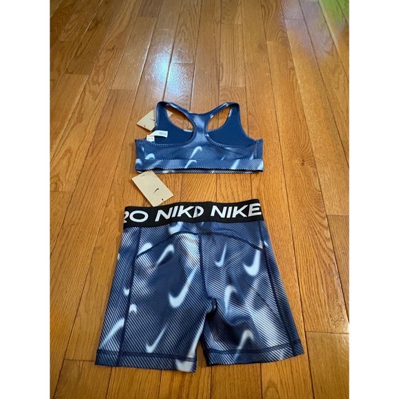 New Nike Pro Kids Athletic Set Navy Blue White Swoosh Print Sports Bra Shorts L - Picture 2 of 6